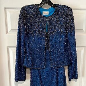 Vintage 2000 Sean Collection Blue Beaded Jacket and Dress Set EUC Size M #LD8